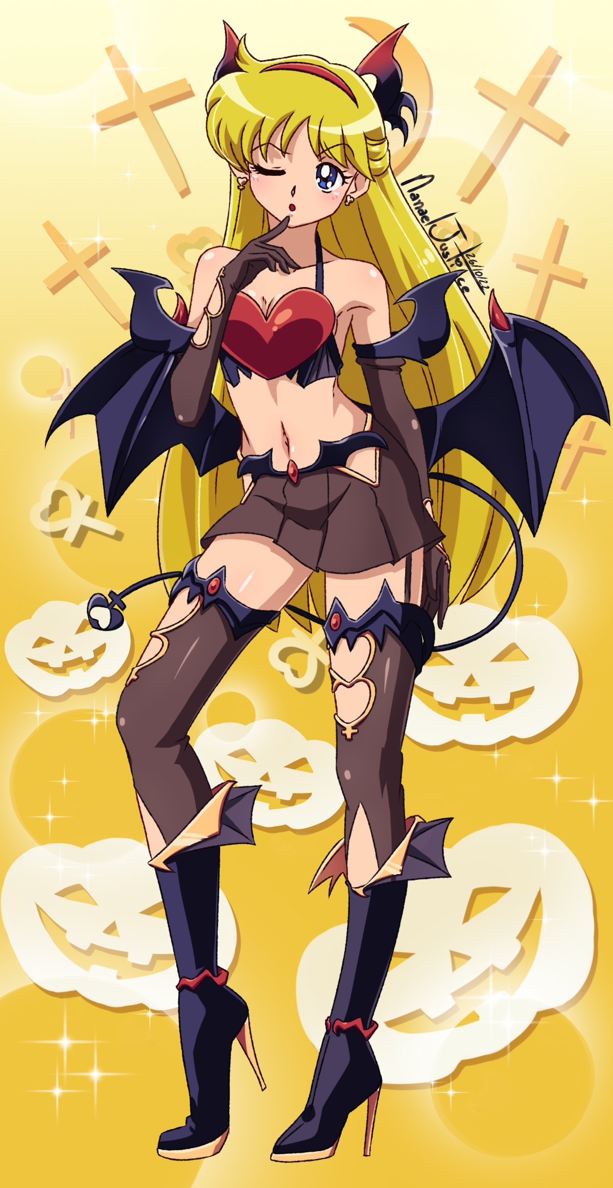 1girl 1girl adult_swim alluring bishoujo_senshi_sailor_moon bishoujo_senshi_sailor_moon_r bishoujo_senshi_sailor_moon_r_the_movie bishoujo_senshi_sailor_moon_s bishoujo_senshi_sailor_moon_s_the_movie bishoujo_senshi_sailor_moon_supers bishoujo_senshi_sailor_moon_supers_the_movie blonde_hair blue_eyes bow hair_bow halloween_costume high_heels high_res long_hair midriff minako_aino nanaeljustice navel one_eye_closed red_bow revealing_clothes small_breasts toei_animation toonami