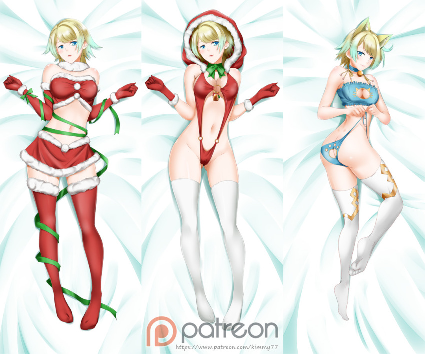 1girl 1girl alluring ass ass_cutout big_breasts bikini blonde_and_teal_hair blue_eyes blue_panties butt_crack cat_cutout cat_ear_panties cat_lingerie christmas cleavage cleavage_cutout clothing_cutout crown earrings feather_trim female_focus fire_emblem fire_emblem_heroes fjorm_(fire_emblem) gradient_hair hood intelligent_systems jewelry kimmy77 looking_at_viewer multicolored_hair navel nintendo panties santa_bikini santa_costume short_hair skirt slingshot_swimsuit stockings swimsuit underwear