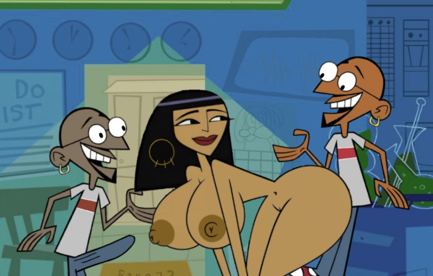 1girl 2boys anal anal_sex areola ass balls bare_shoulders big_ass big_breasts big_penis black_eyes black_hair bottomless breasts closed_mouth clothes curvy dark-skinned_female dark-skinned_male earrings hoop_earrings huge_ass huge_breasts huge_cock human interracial long_hair male massive_breasts navel nipples nude office open_mouth pants panty_bulge penis_in_panties penis_under_clothes pussy red_lips round_ears sex shaved_pussy shirt straight testicle thick_legs topless