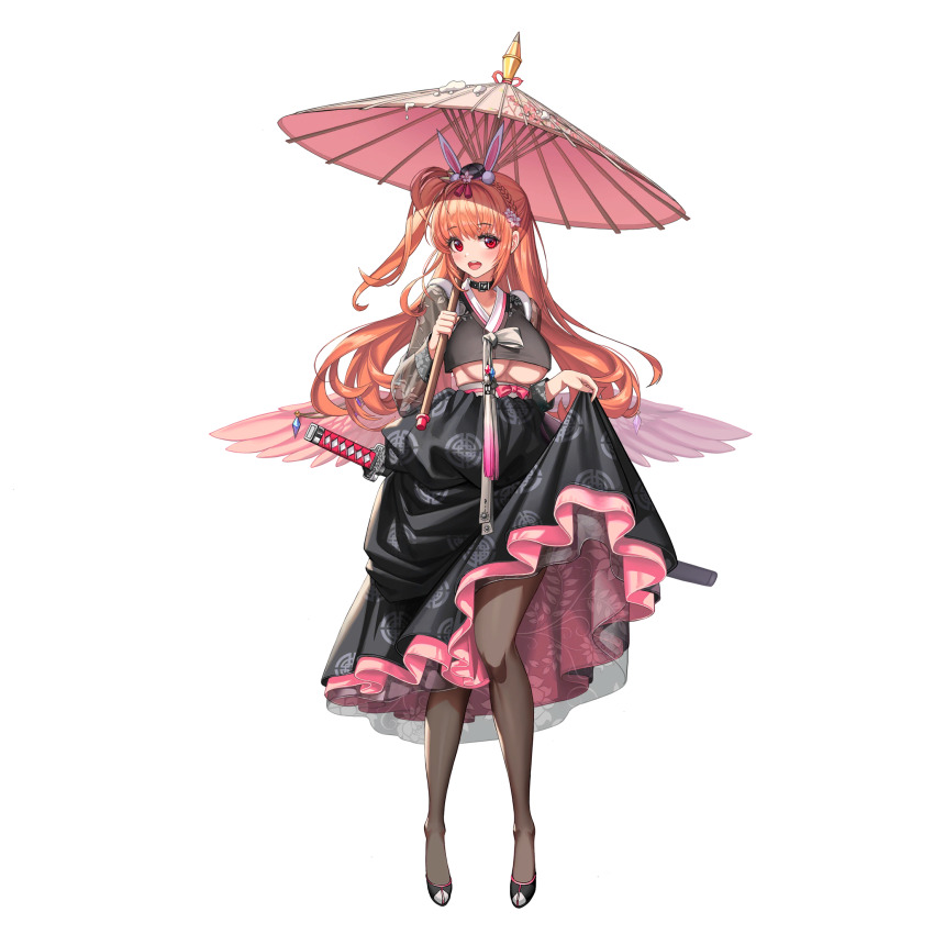 1girl 1girl 1girl 2v_(joyeong) ahoge animal_ears big_breasts big_breasts black_collar black_kimono blue_gemstone braid breasts cherry_blossom_print chinese_zodiac clothes_lift clothing_cutout collar crown_braid fake_animal_ears floral_print flower fur_trim game_cg gem hair_flower hair_ornament hat high_res high_res holding_umbrella japanese_clothes kanzashi katana kimono last_origin layered_clothing linea_alba long_hair looking_at_viewer low_wings magical_momo momo_(last_origin) nail_polish obi obijime official_alternate_costume official_art oil-paper_umbrella open_mouth orange_hair pink_flower pink_nails pink_ribbon pink_umbrella pom_pom_(clothes) pom_pom_hair_ornament rabbit_ears red_eyes ribbon sash see-through_clothes sheath sheathed short_kimono side_ponytail skindentation skirt smile snow stockings sword tachi-e tokin_hat umbrella under_boob weapon weapon_on_back wings year_of_the_rabbit