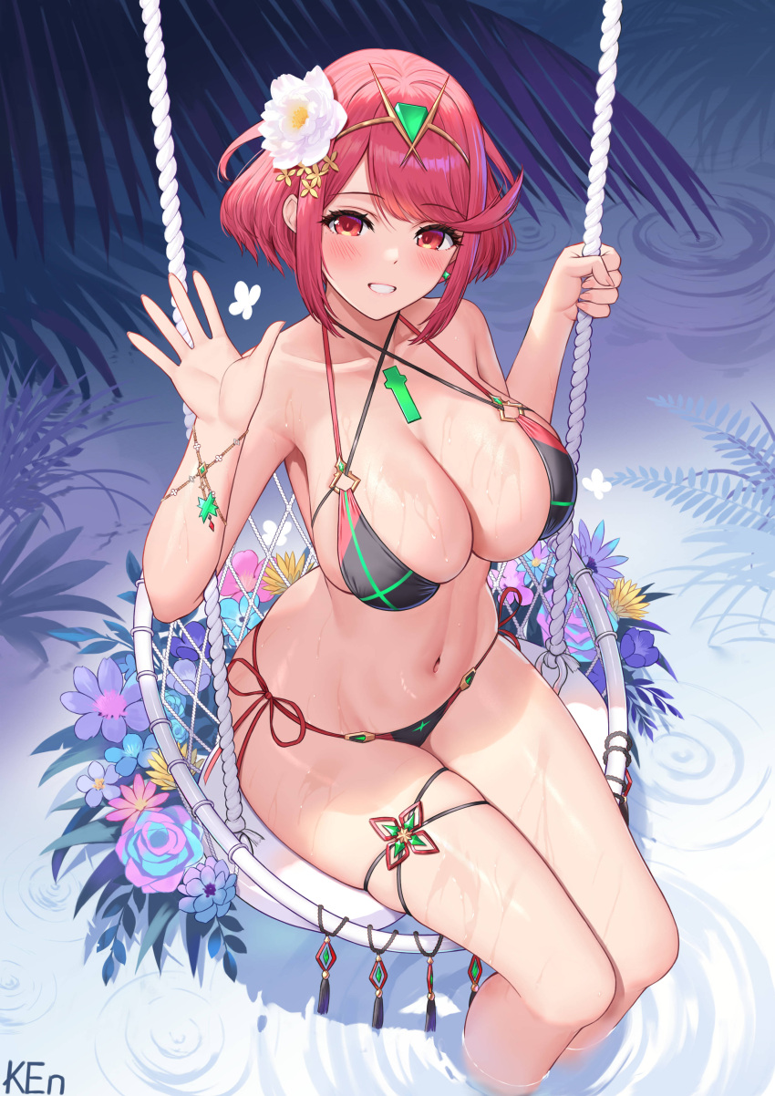 1girl 1girl absurd_res alluring bare_shoulders big_breasts bikini black_bikini cleavage collarbone commentary_request core_crystal_(xenoblade) flower grin hair_flower hair_ornament halterneck hand_up headgear heroine high_res ken-san looking_at_viewer milf multi-strapped_bikini_top navel nintendo pyra_(xenoblade) red_eyes red_hair short_hair side-tie_bikini_bottom sitting skindentation smile soaking_feet stomach string_bikini swept_bangs swimsuit swing thigh_strap thighs water wet white_flower xenoblade_(series) xenoblade_chronicles_2