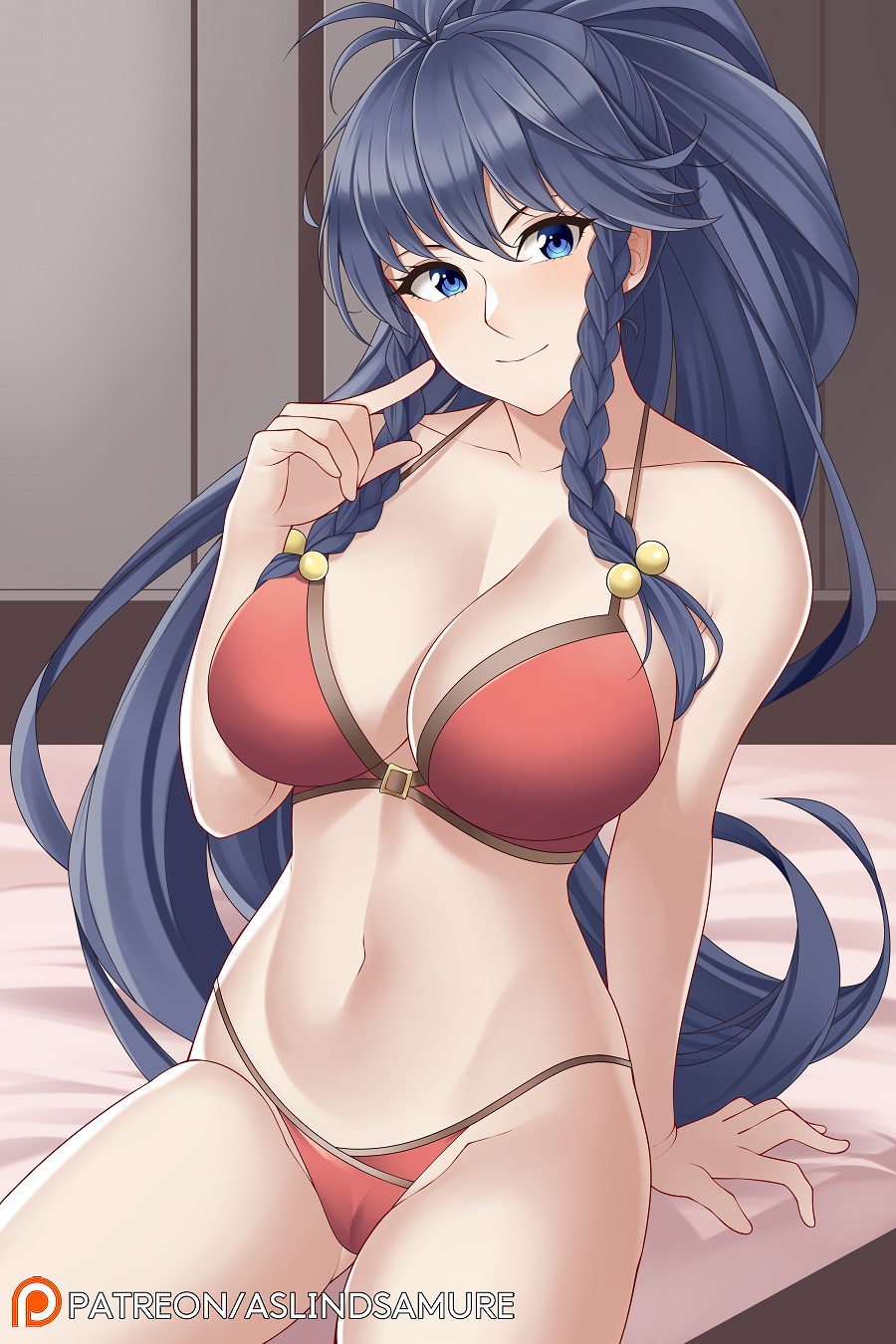 1girl 1girl ahoge alluring aslind_samure aslindsamure big_breasts bikini blue_eyes blue_hair blush braid cameltoe cleavage closed_mouth commentary cowboy_shot english_commentary female_focus fire_emblem fire_emblem:_the_sacred_stones fire_emblem_heroes futon hair_between_eyes hair_bobbles hair_ornament high_res indoors intelligent_systems long_hair looking_at_viewer midriff navel nintendo patreon_username ponytail red_bikini side_braids sitting smile string_bikini swimsuit tana_(fire_emblem) thighs twin_braids