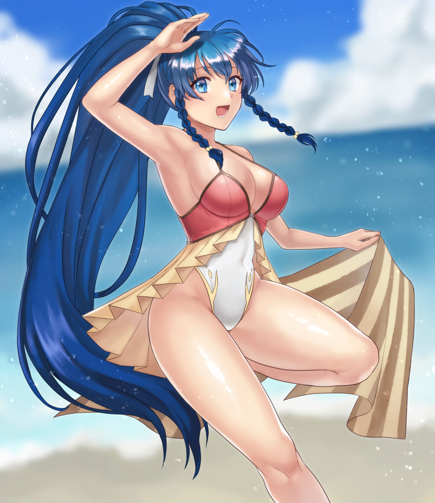 1girl 1girl :d absurd_res alluring arm_up bare_shoulders beach big_breasts blue_eyes blue_hair blurry blurry_background braid breasts cleavage commentary cowboy_shot depth_of_field fire_emblem fire_emblem:_the_sacred_stones fire_emblem_heroes hazuki_(nyorosuke) high_res intelligent_systems long_hair nintendo ocean official_alternate_costume one-piece_bikini open_mouth outside ponytail showgirl_skirt side_braids smile swimsuit tana_(fire_emblem) tana_(noble_and_nimble)_(fire_emblem) twin_braids very_long_hair