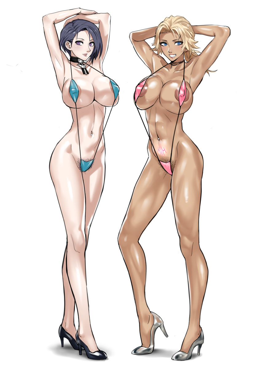 1girl 2_girls akizora alluring alternate_costume armpits arms_above_head arms_behind_head arms_up athletic_female bare_legs big_breasts blonde_hair blue_eyes blue_hair blue_swimsuit catherine_(fire_emblem) chocolate_and_vanilla choker covered_nipples crest_(fe3h) dark-skinned_female dark_skin female_abs female_only female_pubic_hair fire_emblem fire_emblem:_three_houses fit_female grin high_heels intelligent_systems looking_at_viewer medium_hair multiple_females multiple_girls naked_choker nintendo pink_swimsuit ponytail pose pubic_hair pubic_hair_peek pubic_tattoo purple_eyes revealing_clothes shamir_nevrand short_hair sideboob sling_bikini slingshot_swimsuit swimsuit tattoo white_background