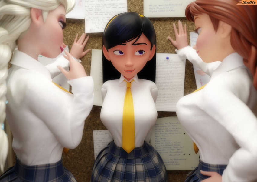 1girl 3_girls 3d 3d_render aged_up anna_(frozen) auburn_hair big_breasts breasts busty_female clothing cornered crossover crossover_pairing dark_hair disney_princess elsa_(frozen) freckles frozen_(film) height_difference high_school_student imminent_sex implied_threesome long-haired_female lustful_gaze multiple_females multiple_girls nerdy_female nervous_smile pinned_to_wall school_uniform schoolgirl shy_smile sisters skirt small_breasts small_nose smitty34 the_incredibles violet_parr white_hair yuri