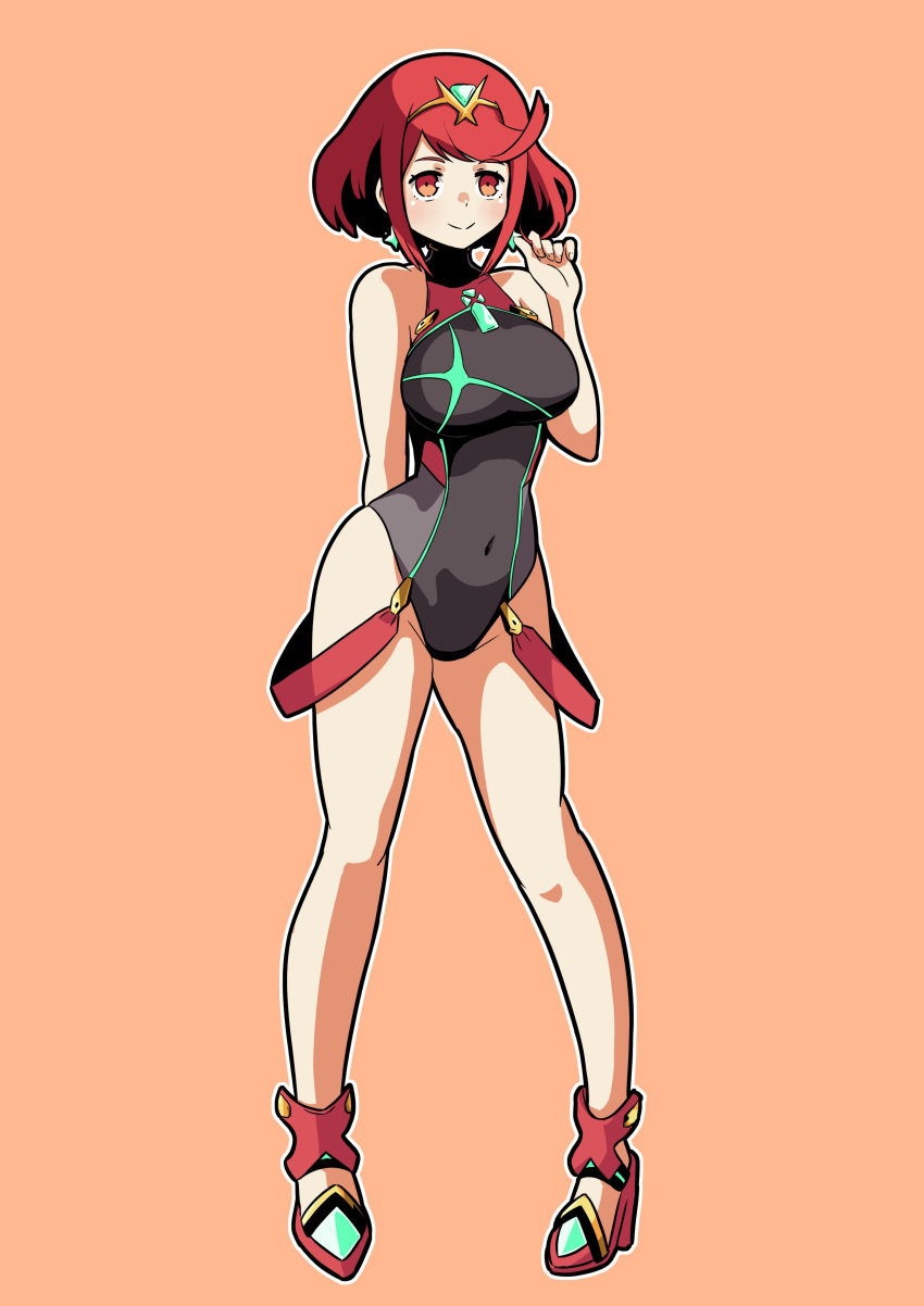 1girl absurd_res alluring arm_behind_back arm_up big_breasts black_one-piece_bikini bob_cut cianter closed_mouth core_crystal_(xenoblade) covered_navel full_body heroine high_res medium_hair one-piece_bikini orange_background pyra_(pro_swimmer)_(xenoblade) pyra_(xenoblade) red_eyes red_hair simple_background smile standing swept_bangs swimsuit tiara xenoblade_(series) xenoblade_chronicles_2