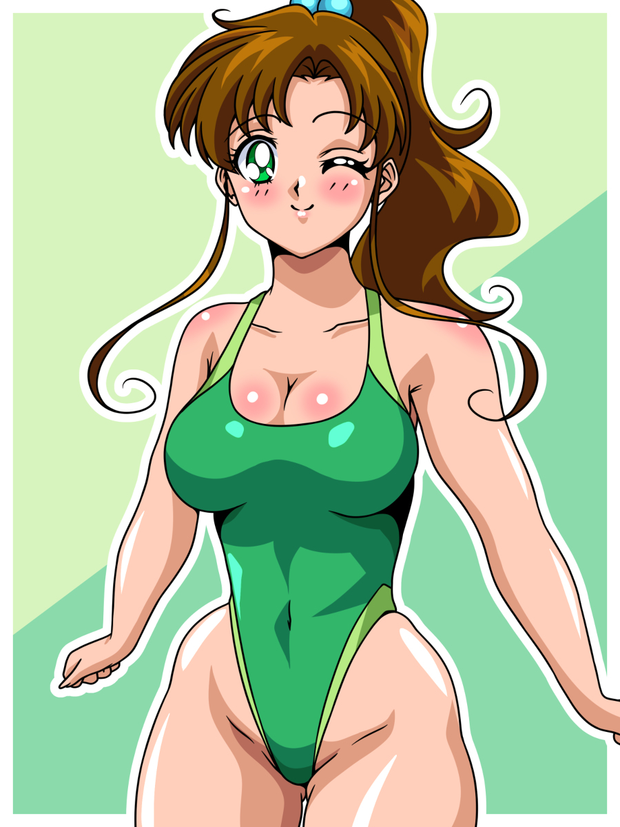 1girl adult_swim alluring bare_shoulders big_breasts bishoujo_senshi_sailor_moon bishoujo_senshi_sailor_moon_r bishoujo_senshi_sailor_moon_r_the_movie bishoujo_senshi_sailor_moon_s bishoujo_senshi_sailor_moon_s_the_movie bishoujo_senshi_sailor_moon_supers bishoujo_senshi_sailor_moon_supers_the_movie blush brown_hair cleavage competition_swimsuit gluteal_fold green_eyes high_res highleg highleg_one-piece_bikinit inabakun00 long_hair makoto_kino one-piece_bikini ponytail sleeveless swimsuit toei_animation toonami viz_media