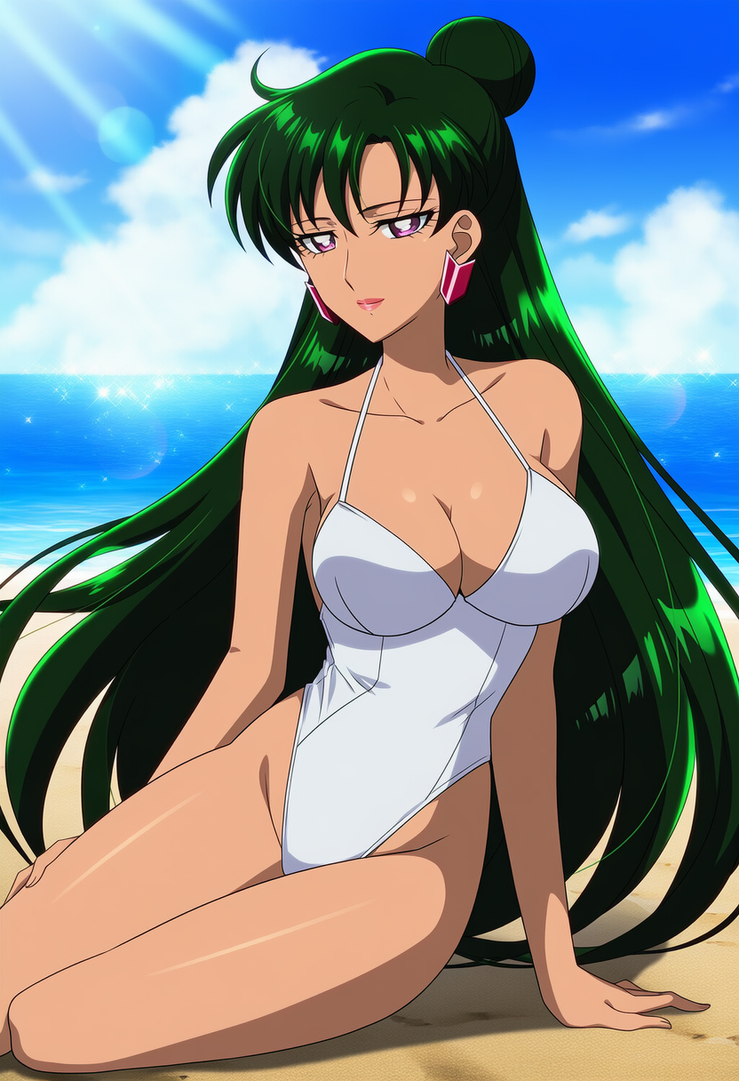 1girl adult_swim alluring beach big_breasts bikini bishoujo_senshi_sailor_moon bishoujo_senshi_sailor_moon_r bishoujo_senshi_sailor_moon_s bishoujo_senshi_sailor_moon_s_the_movie bishoujo_senshi_sailor_moon_supers bishoujo_senshi_sailor_moon_supers_the_movie crimson_eyes dark_green_hair ocean posing setsuna_meiou toei_animation toonami viz_media white_bikini white_one-piece_bikini wolf_(artist)