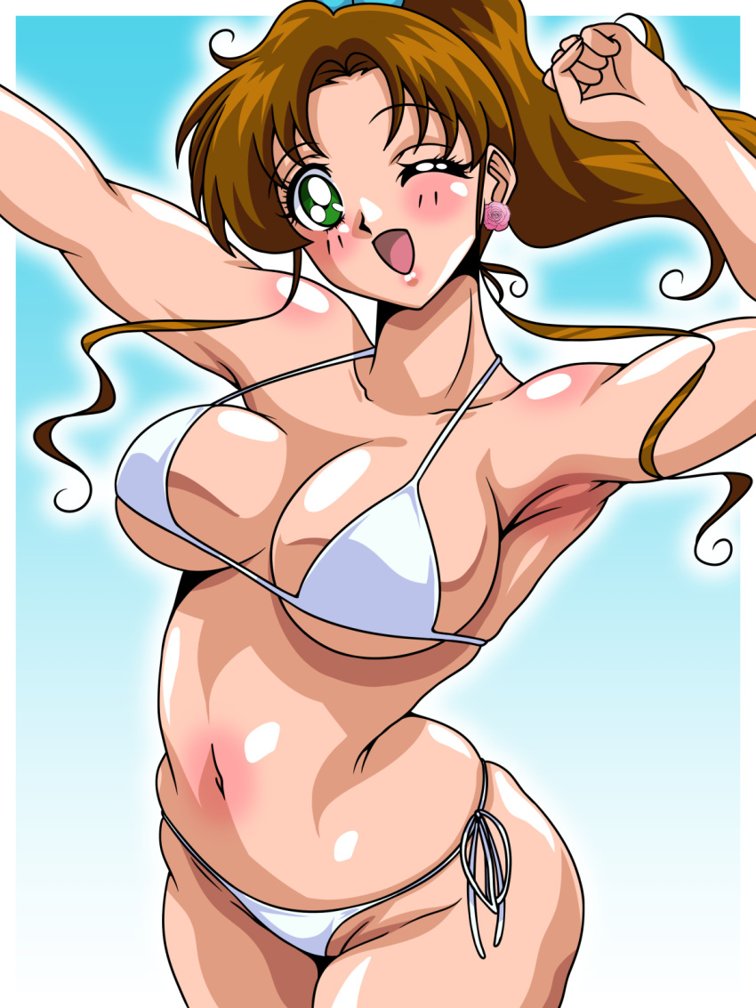 1girl adult_swim alluring big_breasts bishoujo_senshi_sailor_moon bishoujo_senshi_sailor_moon_r bishoujo_senshi_sailor_moon_r_the_movie bishoujo_senshi_sailor_moon_s bishoujo_senshi_sailor_moon_s_the_movie bishoujo_senshi_sailor_moon_supers bishoujo_senshi_sailor_moon_supers_the_movie blush brown_hair cleavage green_eyes high_res inabakun00 long_hair looking_at_viewer makoto_kino one_eye_closed ponytail sideboob sleeveless swimsuit toei_animation toonami viz_media wink