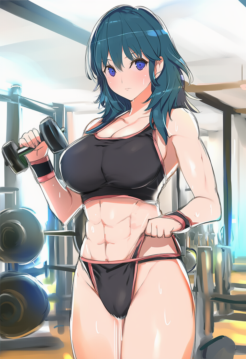 1girl alluring athletic_female big_breasts byleth_(fire_emblem) byleth_(fire_emblem)_(female) cleavage dumbbell fire_emblem fire_emblem:_three_houses intelligent_systems lifting_weights nicado nintendo short_gym_shorts sports_bra teal_eyes teal_hair weight working_out