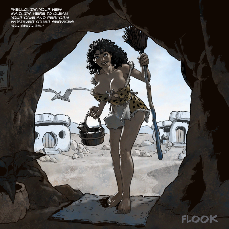 1girl areola areola_slip bare_arms bare_legs bare_shoulders barefoot big_breasts black_hair blue_eyes breasts broom brown_lipstick bucket carpet cave cavewoman cleavage collarbone curly_hair dark-skinned_female dark_skin day dinosaur door dress english_text feet female_focus female_only female_solo flook flook_(artist) flying holding holding_broom holding_bucket holding_object house indoors leaning leaning_forward legs legs_together lips lipstick long_hair looking_at_viewer maid makeup neck off-shoulder_dress off_shoulder open_mouth original original_character plant prehistoric prehistoric_species pterodactyl round_teeth short_dress smile solo_focus standing stone_age stone_house talking teeth text thighs upper_teeth upper_teeth_only wooden_bucket yellow_dress