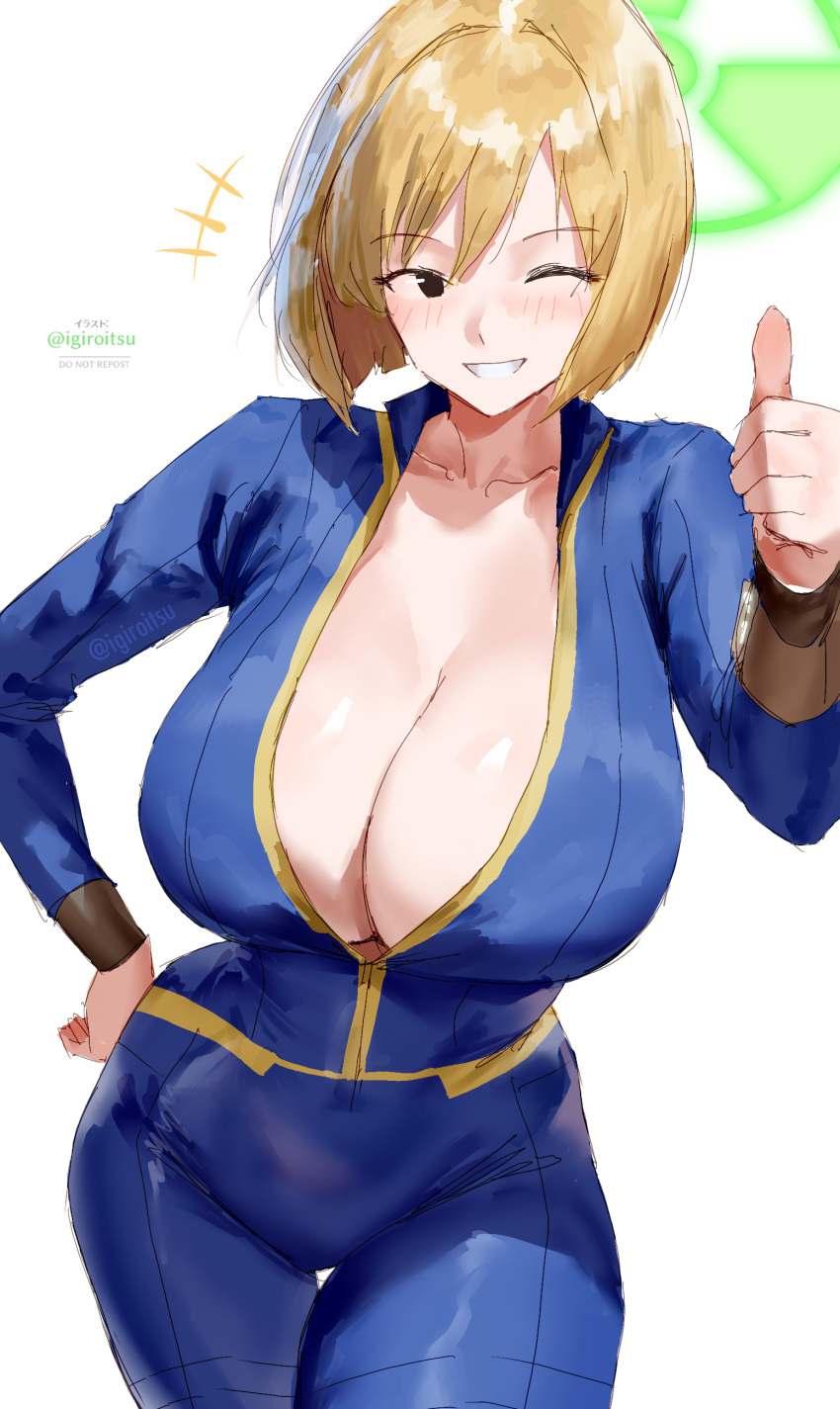 1girl big_breasts black_eyes blonde_hair bubble_butt cleavage fallout fallout_(series) fallout_(tv_series) fallout_3 fallout_4 fallout_shelter horny igiroitsu inviting_to_sex looking_at_viewer pose standing teasing thick_thighs vault_girl