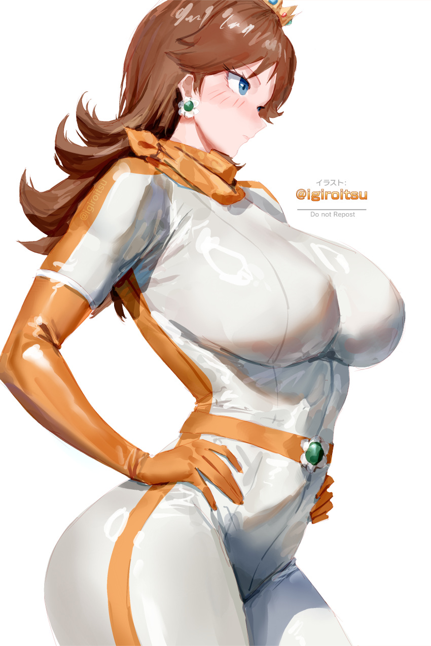 1girl big_breasts blue_eyes brown_hair bubble_butt cleavage horny igiroitsu inviting_to_sex mario_(series) mario_bros pose princess_daisy standing super_mario_bros. teasing thick_thighs