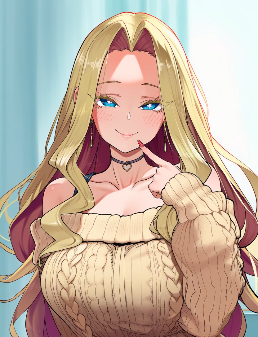 ai_generated big_breasts big_breasts blonde_hair blue_eyes grin huge_breasts kimi_no_koto_ga_dai_dai_dai_dai_daisuki_na_100-nin_no_kanojo light-skinned_female light_skin long_hair looking_at_viewer pizza6go2 solo_female utsukushisugi_mimimi voluptuous voluptuous_female