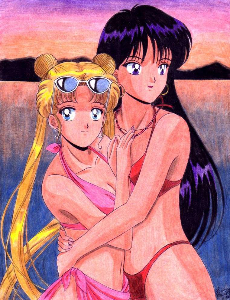 1990s_(style) 2girls alluring beach bikini bishoujo_senshi_sailor_moon black_hair blonde_hair blue_eyes breasts cleavage double_bun earrings female_focus hair_bun hand_on_own_hip happy hip_focus hugging jewelry long_hair mountain multiple_girls navel necklace ocean purple_eyes rei_hino smile sunglasses sunset swimsuit twilight twin_tails usagi_tsukino yuri