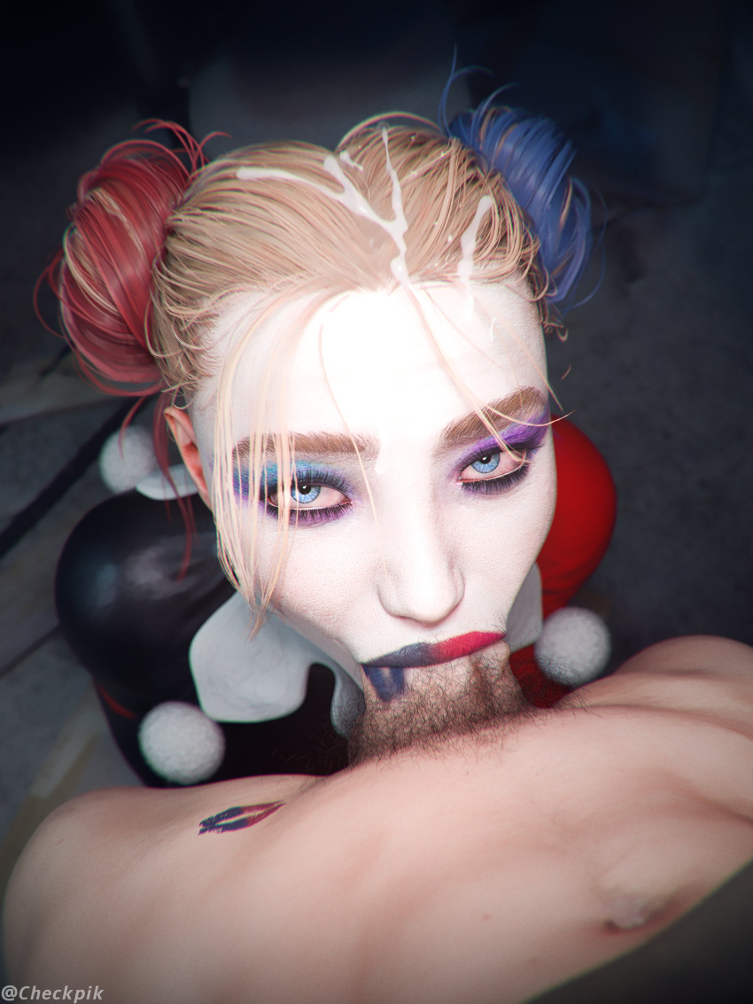 1boy 1girl 3d 3d_render batman_(series) big_penis blonde_hair blue_eyes bottomless bottomless_male bwc checkpik clothed clothed_female clothed_male clothing cum cum_in_hair cum_on_hair dc_comics deep_penetration deepthroat duo eye_contact faceless_male fellatio female_focus harleen_quinzel harley_quinn harley_quinn_(suicide_squad_game) hetero jester_outfit kiss_mark light-skinned_female light-skinned_male light_skin lipstick lipstick_mark lipstick_on_penis looking_at_viewer male_pubic_hair oral oral_penetration oral_sex partially_clothed partially_clothed_male penetration penis penis_in_mouth pov pov_eye_contact pubic_hair sex short_hair straight suicide_squad suicide_squad:_kill_the_justice_league unseen_male_face