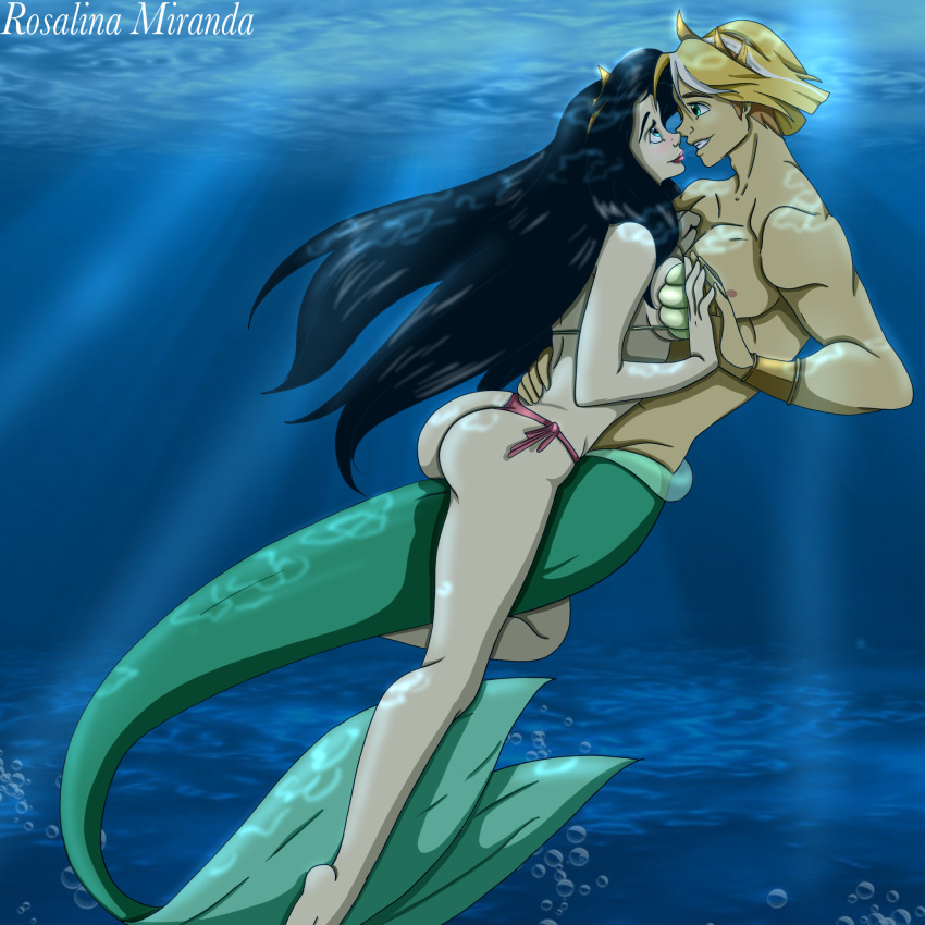1boy 1girl aqua_eyes ass bikini black_hair blonde_hair breasts bubble_butt disney female fishman freediving human imminent_kiss long_hair looking_at_each_other male melody_(disney) merfolk merman mshowllet muscular muscular_male ocean original_character seashell_bra short_hair swimming swimsuit the_little_mermaid the_little_mermaid_ii:_return_to_the_sea underwater voluptuous