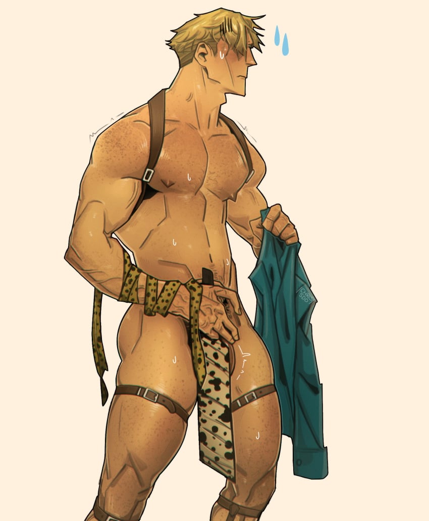 1boy 2023 balls bara big_penis blonde_hair blush chris_sdd completely_nude high_res jujutsu_kaisen kento_nanami male male_focus male_nipples male_only masculine_male muscular muscular_male nipples nude penis solo_male yaoi