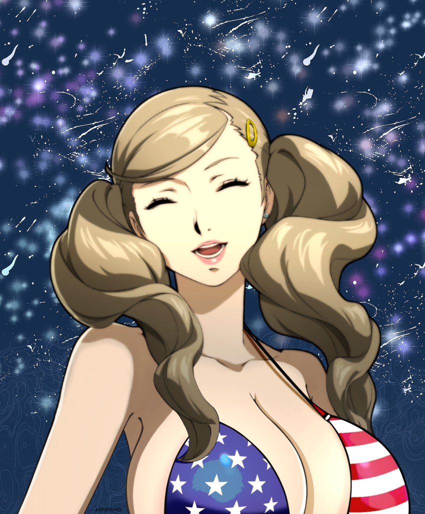 1girl 1girl 4th_of_july american_flag_bikini ann_takamaki atlus big_breasts big_breasts bikini bikini_top blonde_hair breasts fireworks grin huge_breasts karfound lipstick long_hair looking_pleasured persona persona_5 persona_5_royal portrait red_lips red_lipstick smile smiling_at_viewer sprite_edit twin_braids twin_tails yuri