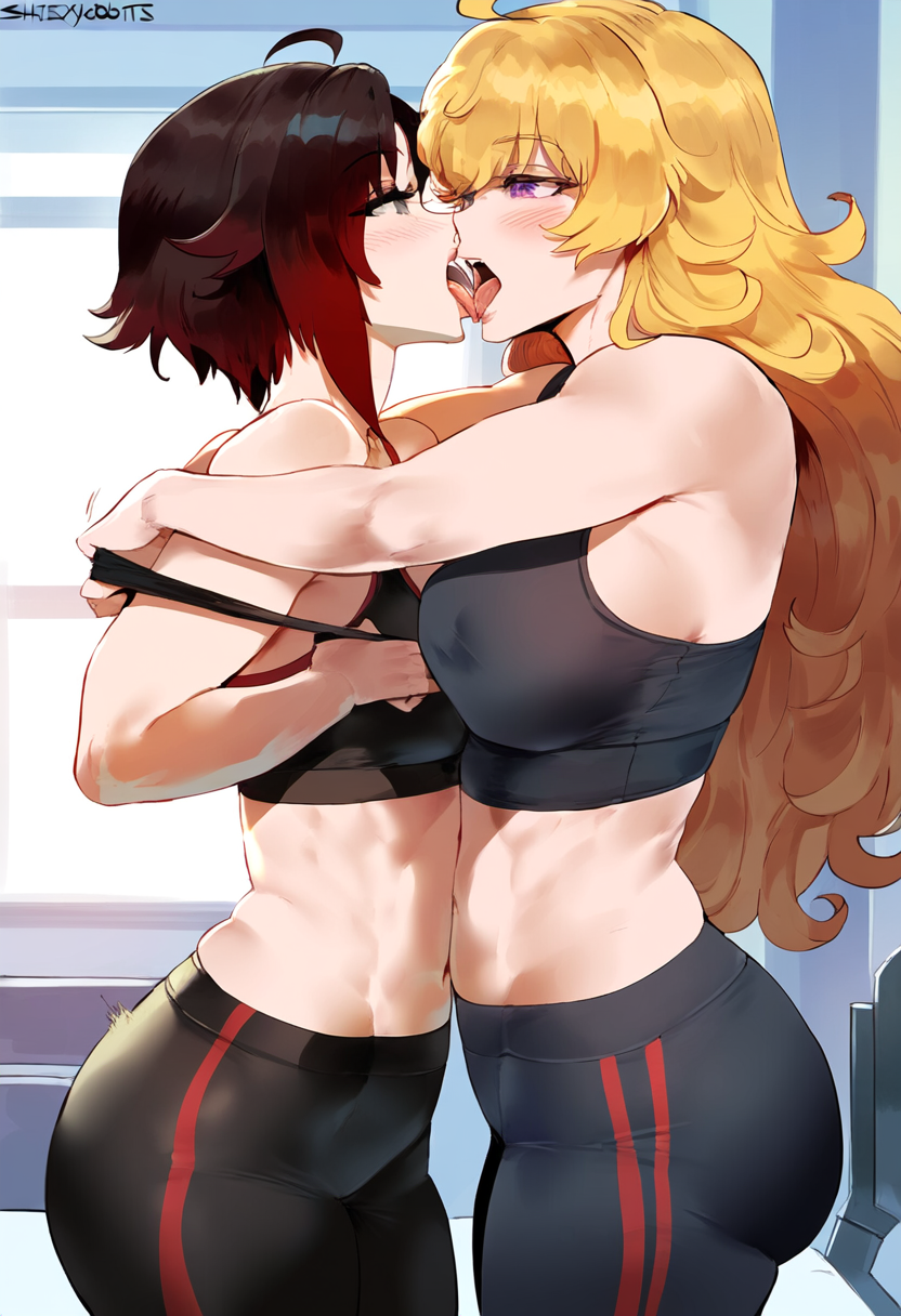 1girl 2_girls blonde_hair gym_clothes incest kissing long_hair red_hair ruby_rose rwby sisters yang_xiao_long