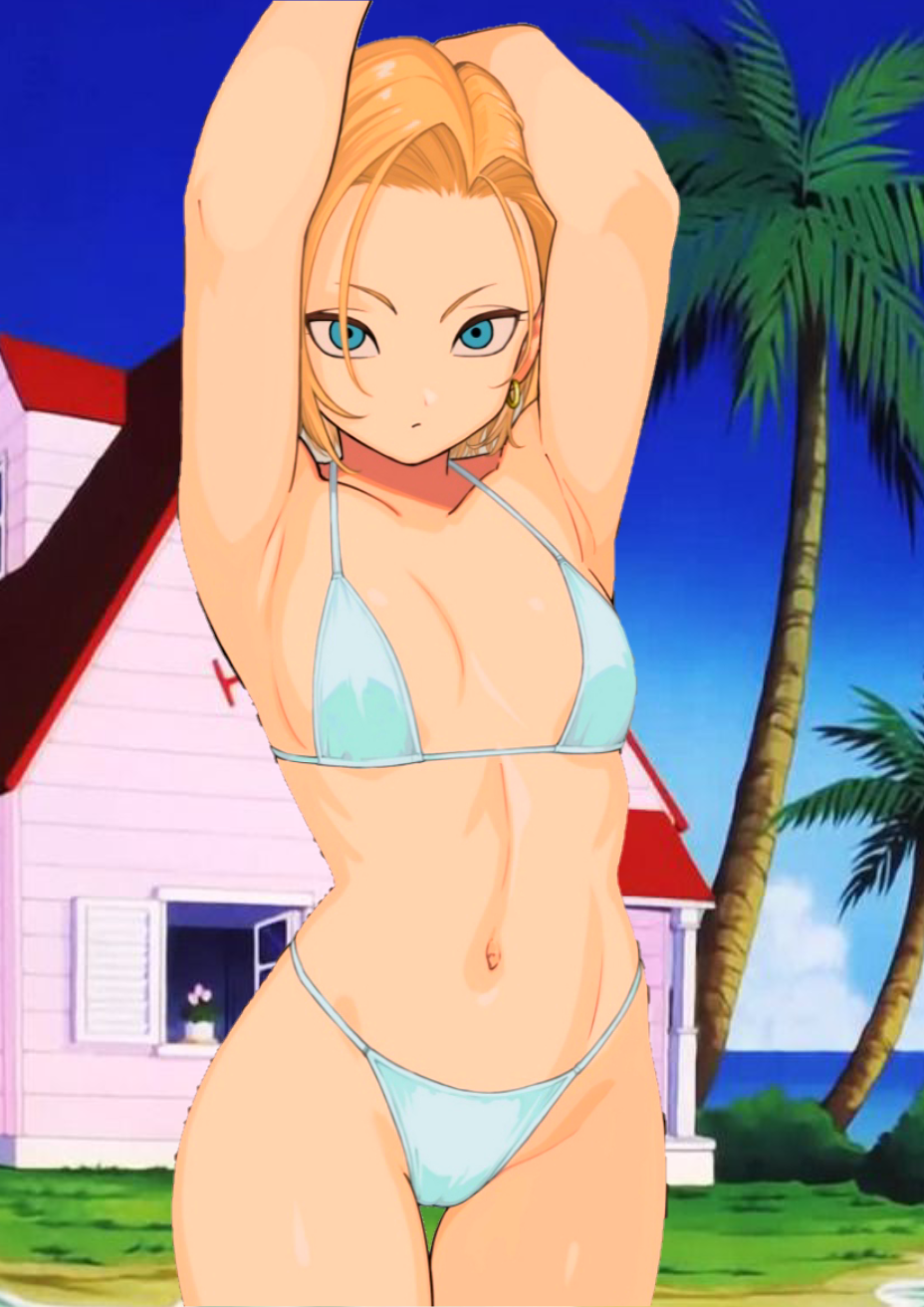 1girl ai_generated android_18 armpits arms_up ass_visible_through_thighs beach bikini blonde_hair blue_bikini blue_eyes breasts collarbone cowboy_shot dragon_ball dragon_ball_z earrings female_focus grey_background highleg highleg_bikini house jewelry looking_at_viewer navel palm_tree short_hair small_breasts standing string_bikini swimsuit thigh_gap