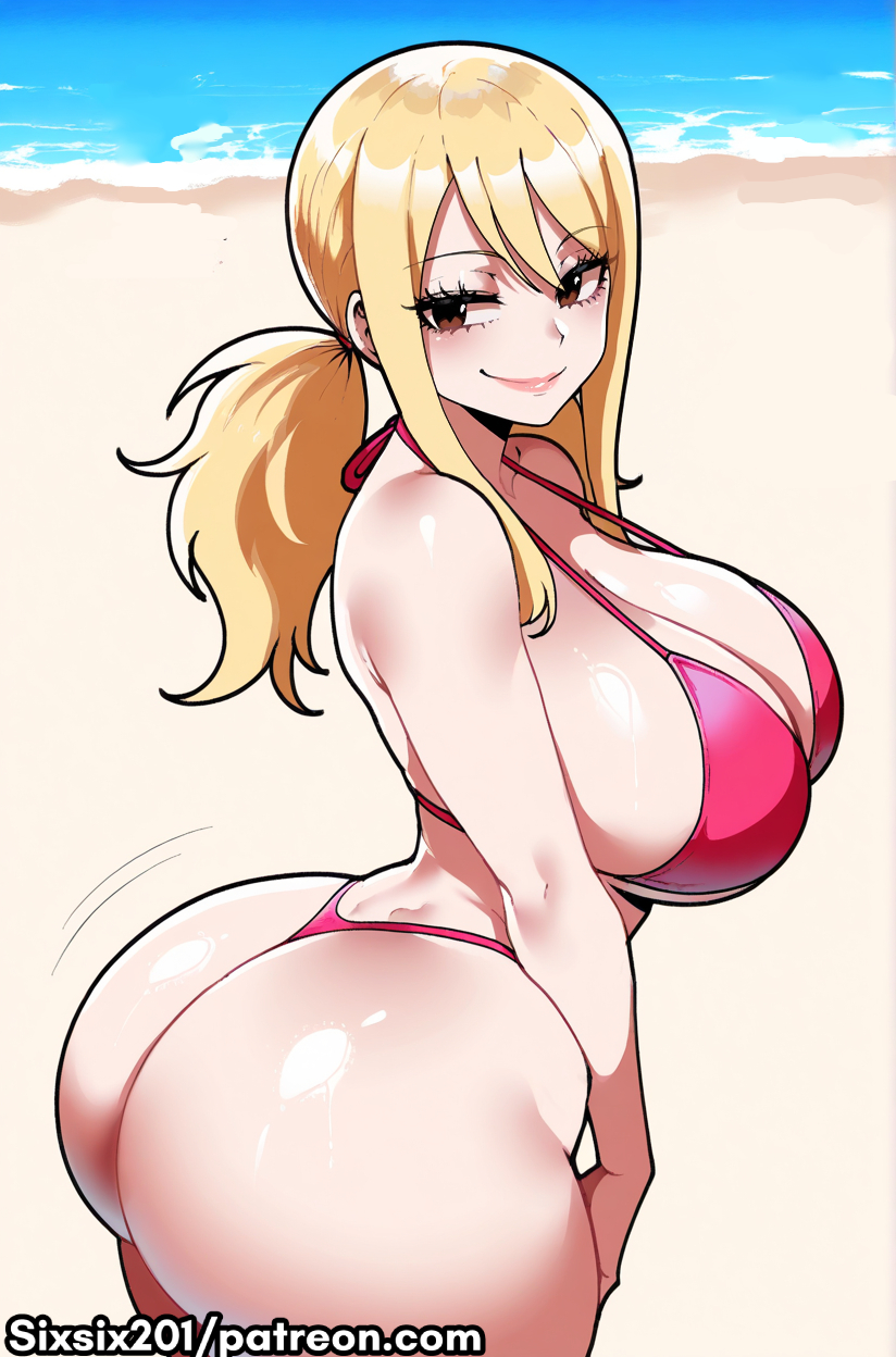 1girl ai_generated ass beach bikini blonde_hair blush breasts exhibitionism fairy_tail gigantic_ass grin huge_breasts looking_at_viewer lucy_heartfilia motion_lines sixsix201 smile smiling_at_viewer
