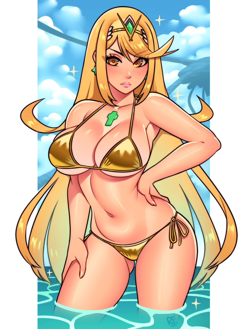1girl alluring beach big_breasts bikini blonde_hair blush cleavage gold_eyes golden_bikini long_hair looking_at_viewer mythra_(xenoblade) nintendo ravenousruss standing_in_water voluptuous xenoblade_(series) xenoblade_chronicles_2