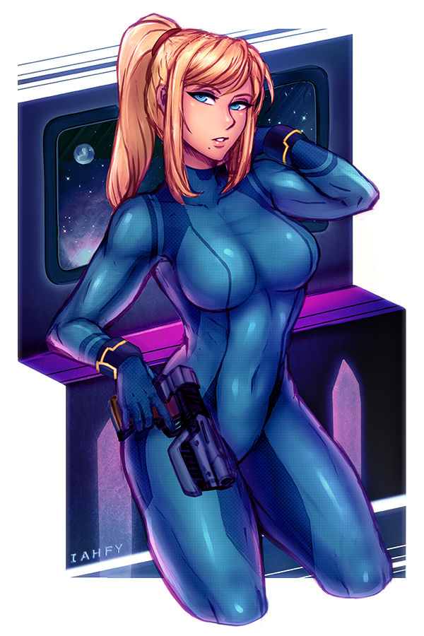 1girl bangs big_breasts blonde_female blonde_hair blue_bodysuit blue_eyes bodysuit breasts covered_navel expressionless eyebrows_visible_through_hair eyeshadow female_only female_solo gun half-closed_eyes high_ponytail holding holding_gun holding_weapon iahfy legs lips long_hair looking_at_viewer makeup metroid mole mole_under_mouth neck nintendo parted_lips ponytail pose posing samus_aran seductive seductive_eyes seductive_look serious sidelocks skin_tight standing swept_bangs thick_thighs thighs tied_hair weapon zero_suit zero_suit_samus