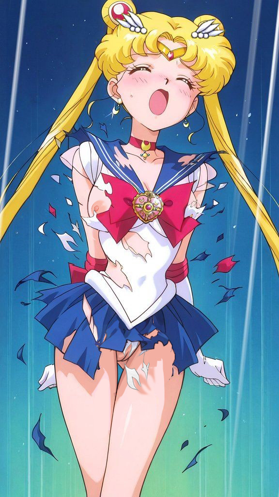 1girl bishoujo_senshi_sailor_moon blonde_hair closed_eyes hair_ornament long_hair nekom14 nipple_slip open_mouth sailor_moon sailor_senshi_uniform torn_clothes torn_shirt tsukino_usagi twin_tails usagi_tsukino