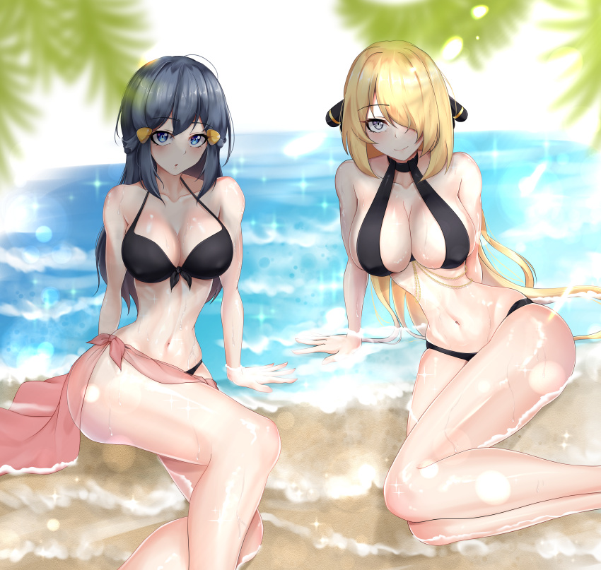 2_girls absurd_res alluring bare_legs beach big_breasts bikini blonde_hair blue_eyes blue_hair cynthia cynthia_(pokemon) dawn dawn_(pokemon) grey_eyes hair_over_one_eye hand_on_ground high_res leo23 looking_at_viewer multiple_girls nintendo ocean pokemon pokemon_dppt sitting swimsuit wet wet_clothes wet_swimsuit