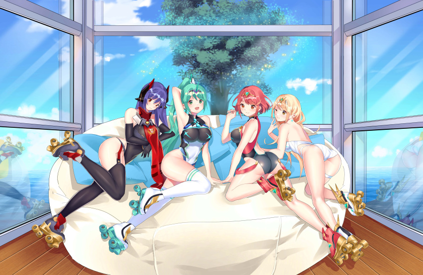 4girls absurd_res alluring android big_breasts blonde_hair chest_jewel competition_swimsuit high_res long_hair multiple_girls mythra_(radiant_beach)_(xenoblade) mythra_(xenoblade) ocean okazakileo one-piece_bikini pneuma_(xenoblade) poppi_(xenoblade) poppi_qtpi_(xenoblade) pyra_(pro_swimmer)_(xenoblade) pyra_(xenoblade) red_eyes red_hair roller_skates short_hair skates swept_bangs swimsuit very_long_hair xenoblade_(series) xenoblade_chronicles_2 yellow_eyes