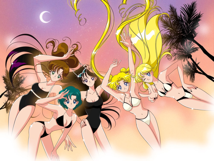 5girls alluring ami_mizuno bikini bishoujo_senshi_sailor_moon black_hair blonde_hair blue_eyes brown_hair long_hair makoto_kino medium_breasts minako_aino moon multiple_girls one-piece_bikini one_eye_closed palm_tree ponytail rei_hino short_hair sirene88 sky star_(sky) starry_sky swimsuit tree usagi_tsukino v very_long_hair wink