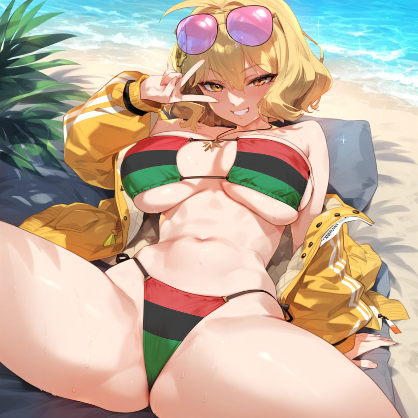 african_flag ai_generated anis_(nikke) anis_(sparkling_summer)_(nikke) arrogant beach beach_background bikini blonde_hair cheating eyepatch_bikini flag_bikini goddess_of_victory:_nikke gold_eyes mij ntr short_hair sunglasses sunglasses_on_head