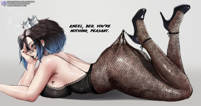 1girl 1girls armpits big_ass big_breasts breasts chains cross_earrings crown fishnet_legwear fishnets glasses goth goth_girl high_heels high_heels jebjebbz lace_pantyhose_hooked_on_heel_(meme) looking_at_viewer mayleen_(jebjebbz) nose_piercing original pantyhose pantyhose_pull pov_eye_contact ring seductive_look smoke smoking tattoo_on_breast tattoo_on_cheek tattoo_on_legs tattoos two-tone_hair
