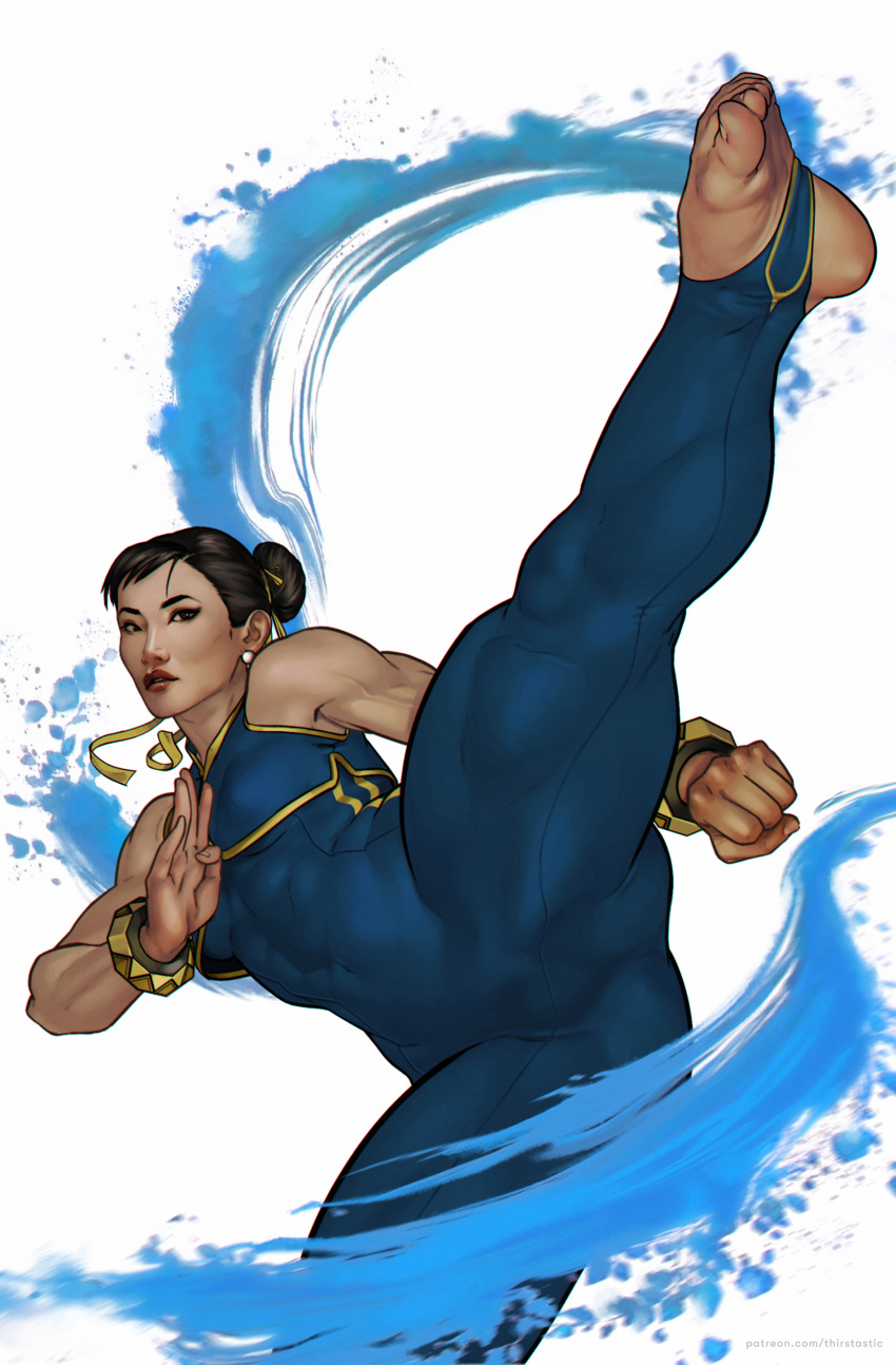 1girl black_eyes black_hair blue_bodysuit bodysuit bracelet breasts capcom chinese_clothes chinese_female chun-li clenched_hand dima_ivanov earrings expressionless female_only female_solo fighting_stance hair_bun half-closed_eyes high_kick jewelry kicking leg_lift lips lipstick looking_at_viewer makeup neck parted_lips pose posing red_lipstick serious short_hair skin_tight sleeveless sleeveless_bodysuit small_breasts standing standing_on_one_leg street_fighter street_fighter_zero tied_hair white_background white_earrings