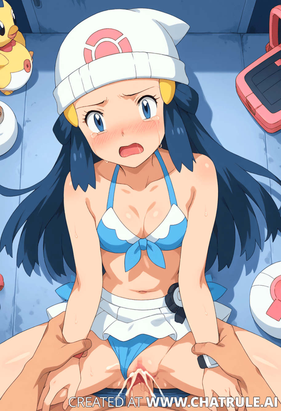 1boy 1girl ai_generated blue_eyes blue_hair blush creatures_(company) cum_in_pussy cum_inside dawn dawn_(pokemon) game_freak hat hikari_(pokemon) looking_at_viewer nintendo open_mouth pokemon_(anime) r**e restrained_arms sex small_breasts swimsuit swimsuit_aside tears vaginal vaginal_penetration