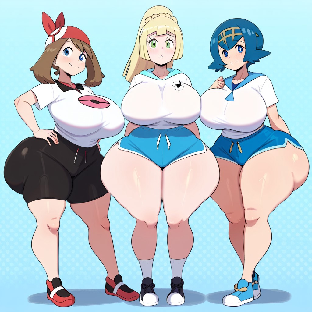 3_girls ai_generated ass big_ass big_breasts booty_shorts breasts dolphin_shorts fundoshilover101 game_freak huge_ass huge_breasts lana lana_(pokemon) lillie_(pokemon) may_(pokemon) nintendo pokemon