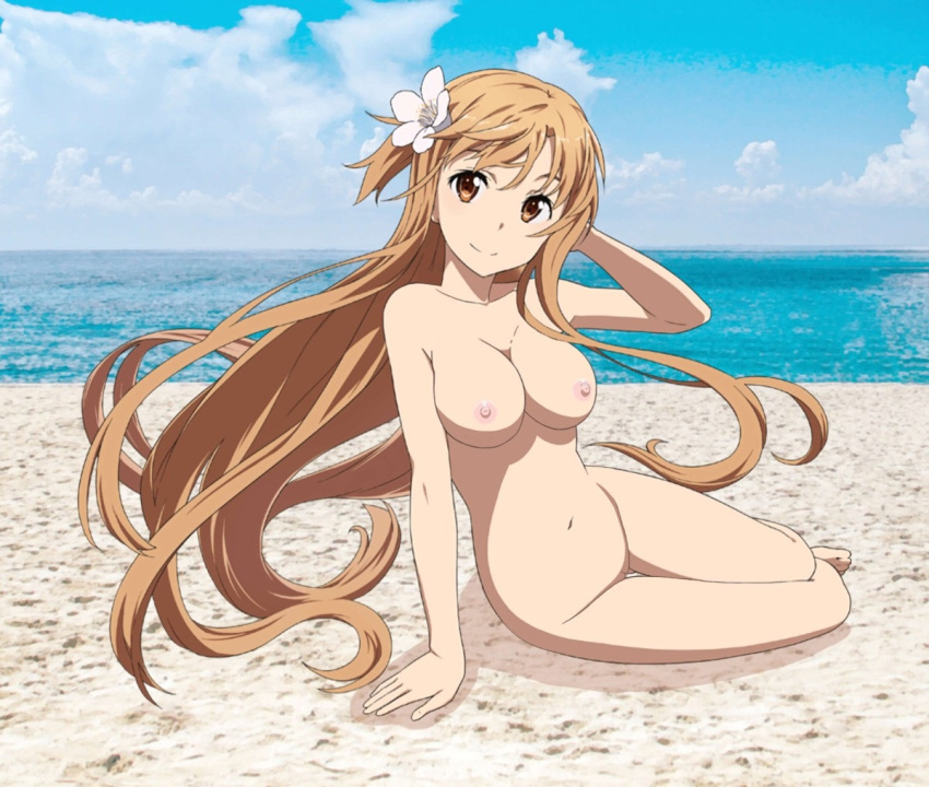 1girl 1girl alluring arm_support asuna_(sao) barefoot beach big_breasts brown_eyes brown_hair completely_nude_female day female_focus flower full_body hair_flower hair_ornament long_hair looking_at_viewer nipples nude ocean outside sand smile sword_art_online toes