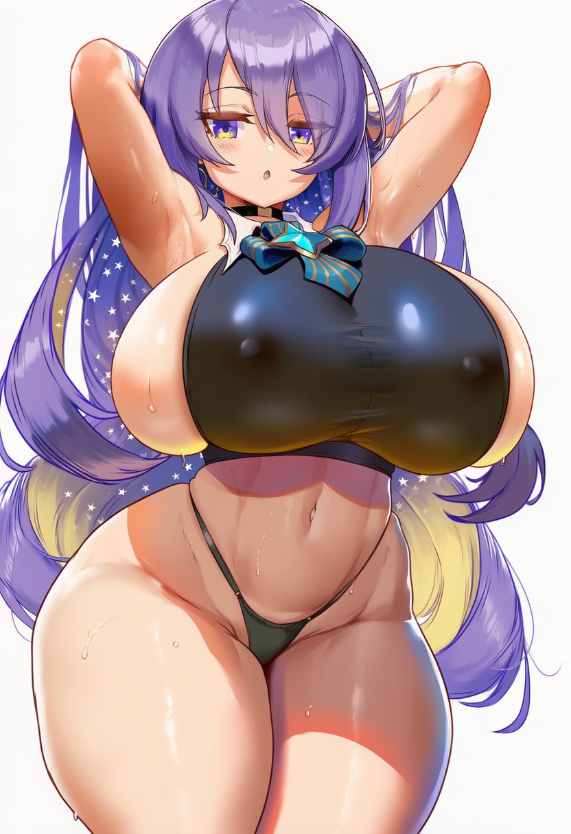 1girl ai_generated alternate_ass_size alternate_body_type alternate_breast_size ameanon armpits arms_behind_head blush gigantic_breasts hips hololive hololive_indonesia long_hair looking_at_viewer moona_hoshinova multicolored_hair nai_diffusion navel nipples novelai open_mouth sweat sweatdrop thick_thighs thighs virtual_youtuber vtuber white_background wide_hips