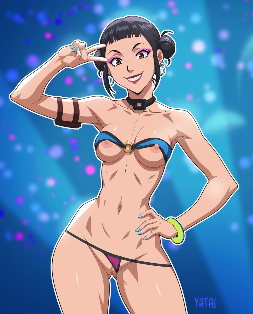 1girl black_footwear black_hair blunt_bangs bracelet breasts brown_eyes collarbone double_bun earrings hair_bun high_heels high_res indoors jewelry kitchen kpop_demon_hunters lips looking_at_viewer makeup medium_breasts nail_polish navel necklace netflix nipples nude presenting pussy short_hair sitting smile spread_legs stomach tsurime uncensored yatagarasupen zoey_(kpop_demon_hunters)