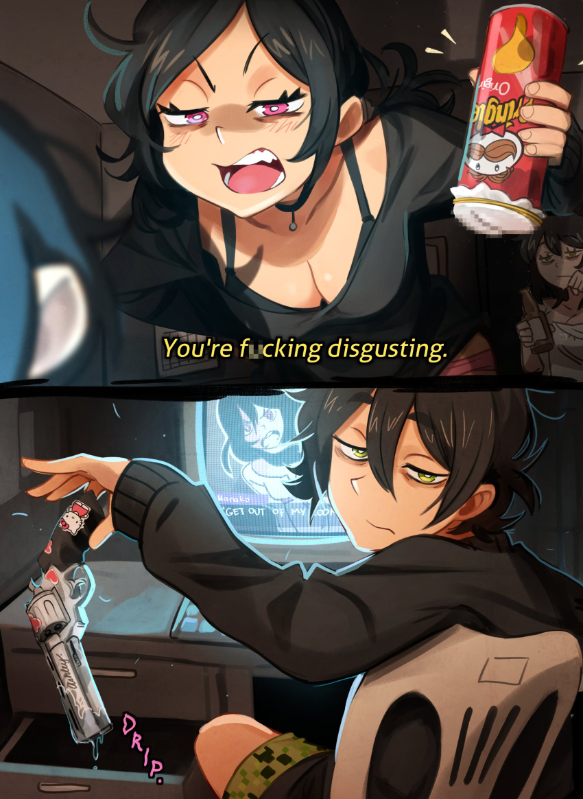 1boy 2_girls andrew_graves angry ashley_graves background_character big_breasts black_hair breasts brother_and_sister censored cleavage fleshlight genital_fluids green_eyes gun hello_kitty hello_kitty_(character) hello_kitty_(series) hypocrite ikezawa_hanako improvised_dildo katawa_shoujo khyleri kitty_white male mosaic_censoring mosaic_censorship open_mouth pink_eyes pistol pringles pussy pussy_juice pussy_juice_drip renee_graves revolver sanrio siblings the_coffin_of_andy_and_leyley vaginal_fluids