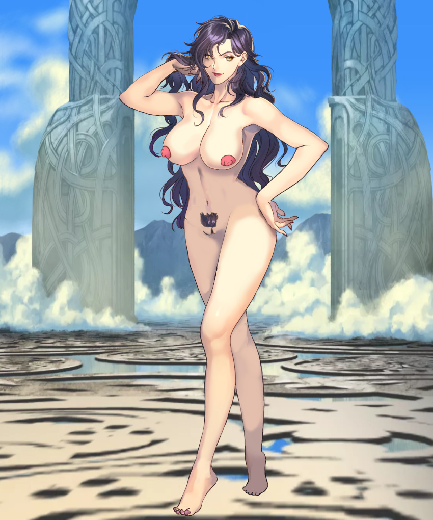 1girl 1girl alluring big_breasts black_hair completely_nude edit female_pubic_hair fire_emblem fire_emblem:_the_blazing_blade fire_emblem_heroes guava128 intelligent_systems lips long_hair long_nails nail_polish nintendo nipples nude nude_edit nude_female nude_filter pubic_hair pussy red_nails sonia_(fire_emblem) wavy_hair yellow_eyes