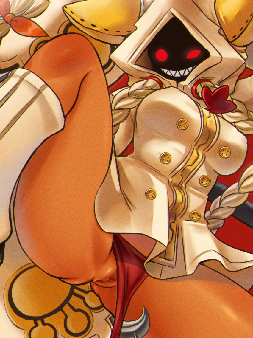 1girl 1girls berrycreme blazblue cat_girl catgirl chromatic_aberration dark-skinned_female dark_skin exposing_pussy exposing_self fecharis feline kaka_(blazblue) mask masked masked_female pussy taokaka