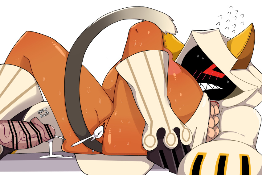 1girl 1girls big_breasts blazblue breasts breasts_out cat_girl cat_tail catgirl cum cum_in_pussy fecharis hoodie kaka_(blazblue) mask masked masked_female pussy red_eyes sharp_teeth sweat sweating sweaty sweaty_body tail taokaka white_background zero0a18