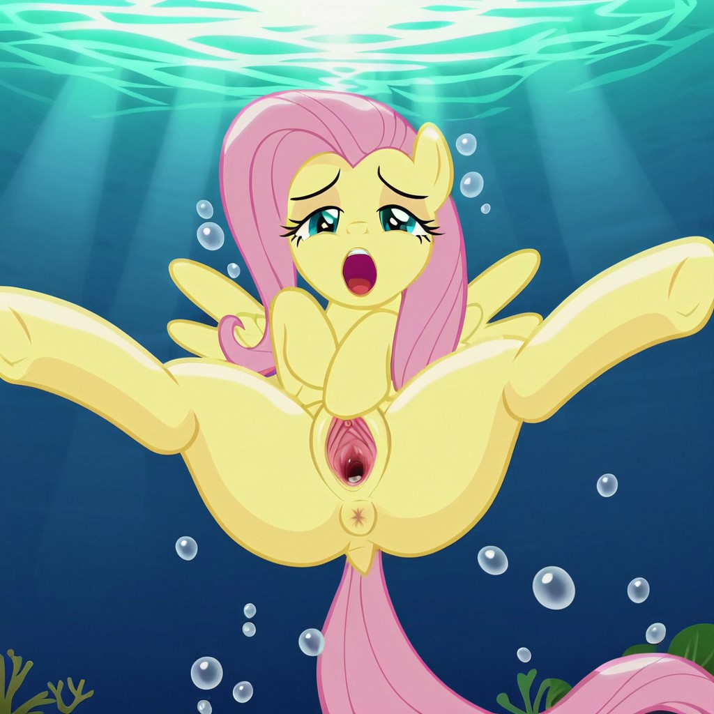 1girl ai_generated anus dragoncrystal female fluttershy fluttershy_(mlp) friendship_is_magic hasbro my_little_pony pony pussy solo underwater