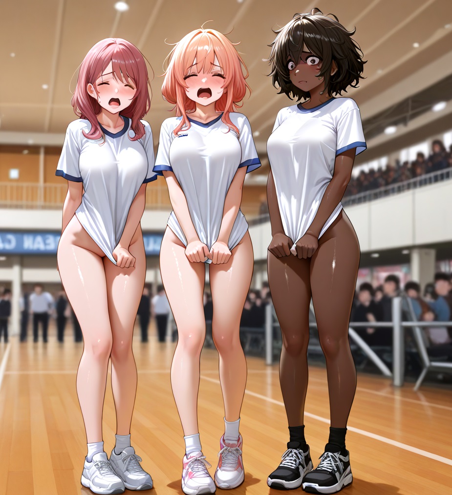 1girl ai_generated blush bottomless bullied bullying closed_eyes clothes_stolen covering covering_crotch crowd crowd_watching dark-skinned_female dark_skin embarrassed embarrassed_underwear_female euf exhibitionism exhibitionist glj-enf going_commando gym_clothes gym_uniform gymnasium half-dressed half_naked hands_on_crotch humiliated humiliation multiple_girls no_panties no_pants no_shorts outside panties_removed pants_removed pantsed pantsing pantsless public public_exposure public_humiliation public_indecency public_nudity pulling_clothing pussy school_gym screaming shiny_skin shirt_only shirt_pull shirt_pulled_down shirt_tug shocked shocked_expression short_hair shorts_removed spectators sports sports_festival stolen_clothes story_at_source stripped stripping surprised surprised_expression t-shirt tanned tugging tugging_clothing undressed undressed_by_others