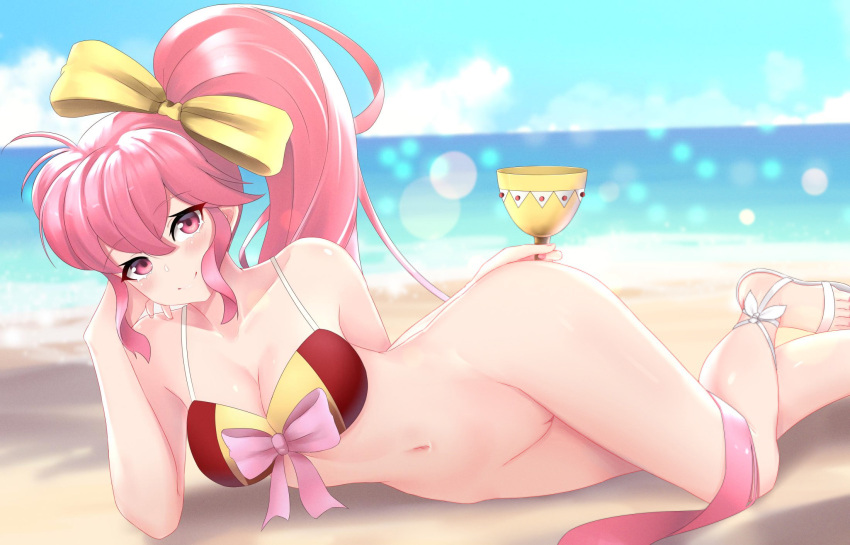 1girl alluring bare_legs bare_shoulders beach big_breasts bikini bikini_top bikini_top_only camilitrox_cr cup fire_emblem fire_emblem:_mystery_of_the_emblem glass hand_to_face intelligent_systems long_hair looking_at_viewer lying lying_sideways midriff naked_from_the_waist_down nintendo nipples phina_(fire_emblem) pink_eyes pink_hair ponytail pussy seaside solo_female wide_hips