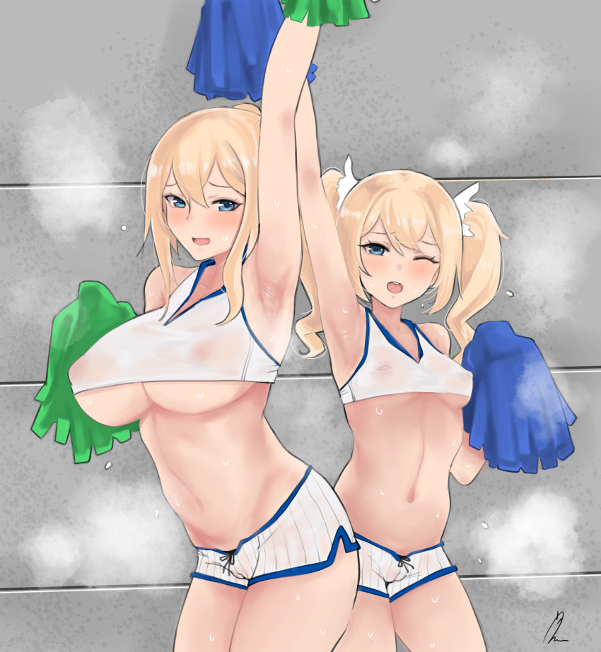 2girls alluring arms_up barbara_(genshin_impact) berserkert blonde_hair blush cameltoe cheerleader cheerleader_uniform erect_nipples erect_nipples_under_clothes female female_only genshin_impact highres jean_gunnhildr large_breasts nipples nun pom_poms ponytail pussy see-through short_shorts shorts silf silfs sisters small_breasts sweat twintails underboob