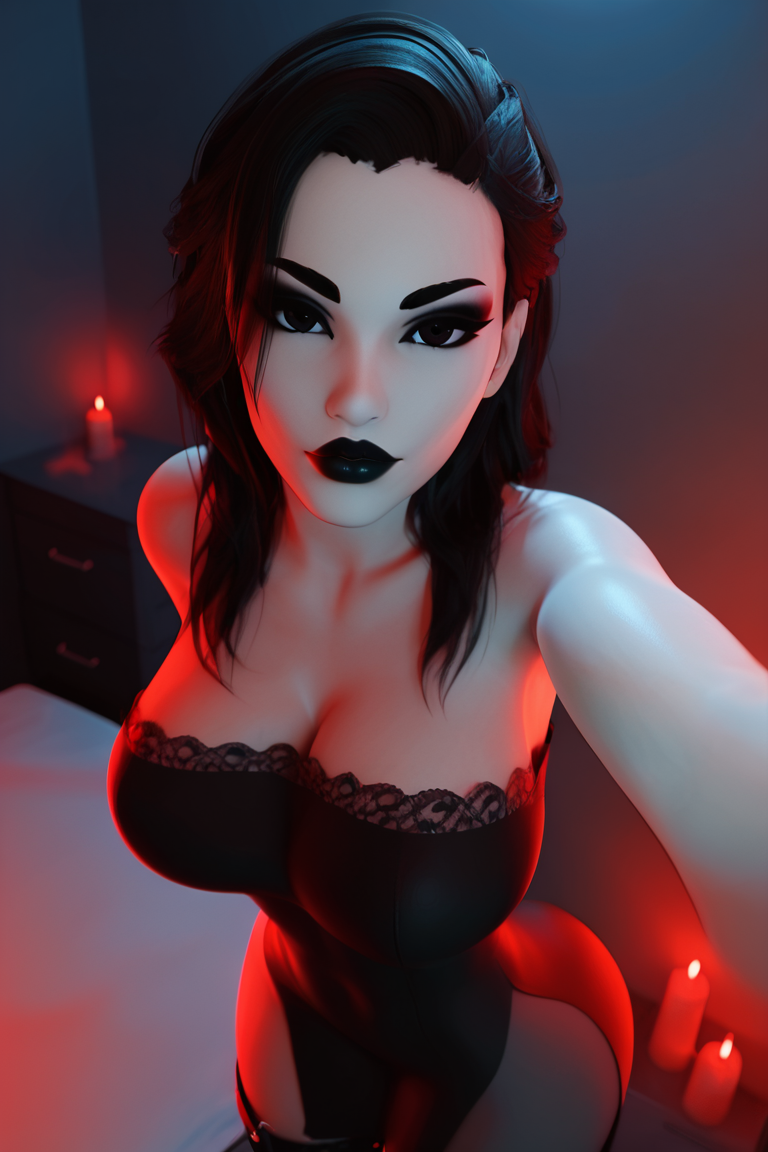 1girl 1girls 3d ai_generated ass bare_shoulders big_ass big_breasts black_dress black_hair black_lips black_lipstick breasts candle candles cleavage collarbone goth goth_girl light-skinned_female light_skin long_hair original pale-skinned_female pale_skin radnsad red_lighting solo_female solo_focus stockings thick_thighs thighhigh_boots thighs venus_(radnsad) white_skin wide_hips