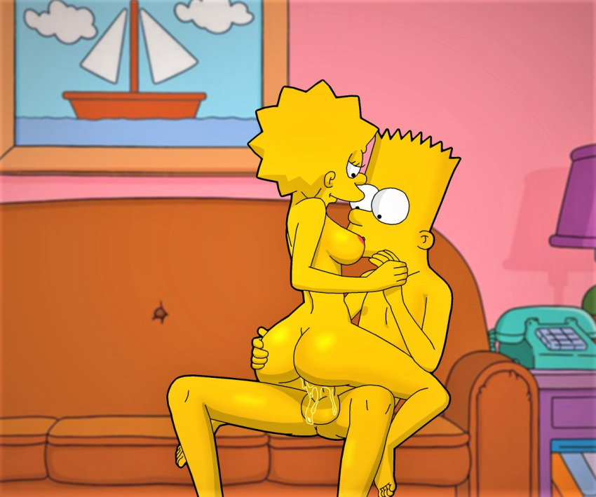 1boy 1girl 20th_century_studios aged_up barefoot bart_simpson big_ass big_breasts big_penis breasts brother_and_sister completely_nude couch cowgirl_position edit erect_nipples evilweazel female hand_on_ass handholding holding_hands incest lisa_simpson living_room male nipple nude penis pussy sex sitting_on_couch smile the_simpsons vaginal_penetration